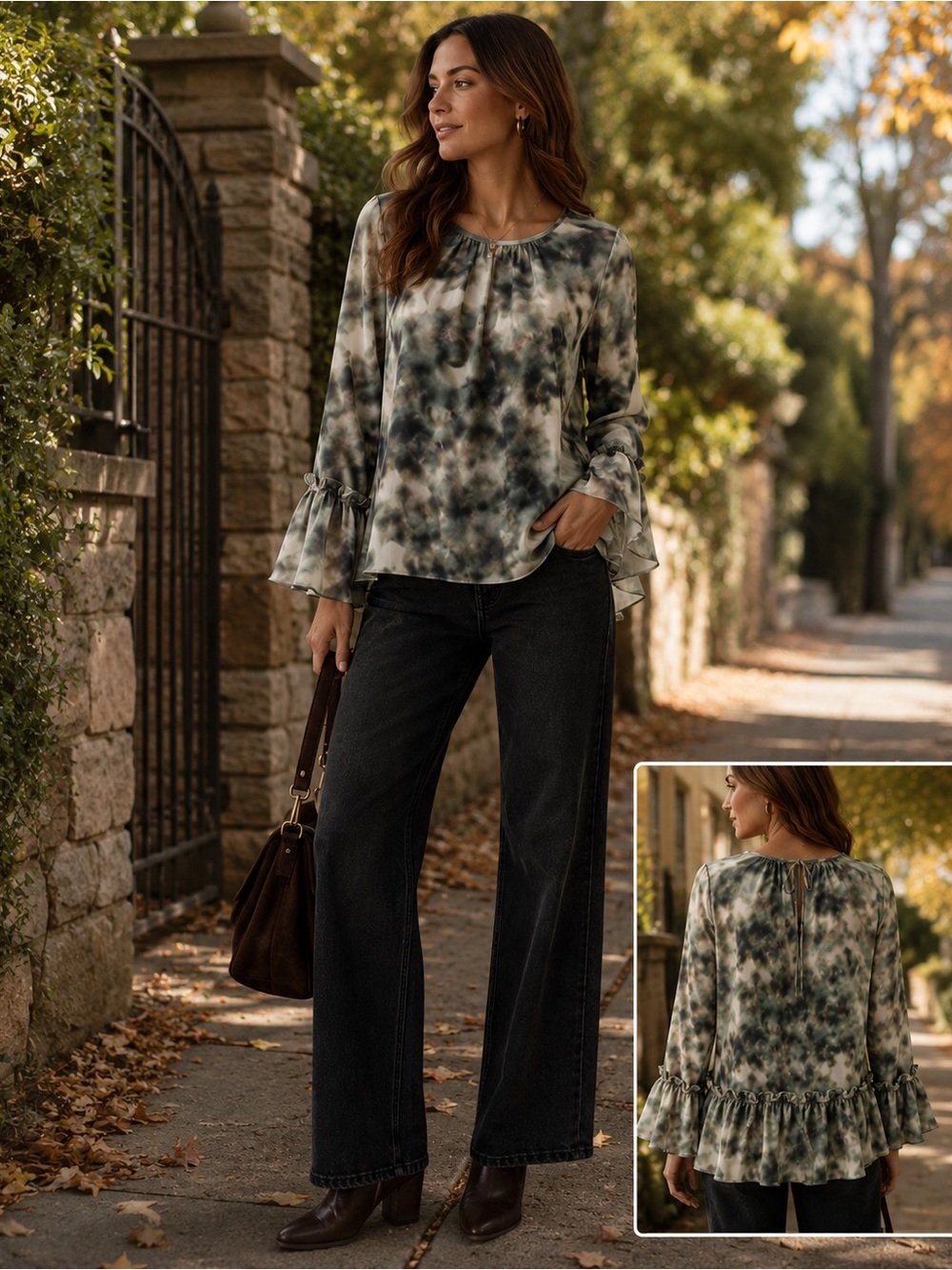 PROSE & POETRY GREEN FALLING LEAF WHITE WATERCOLOR RUFFLE TIE BACK BLOUSE TOP S